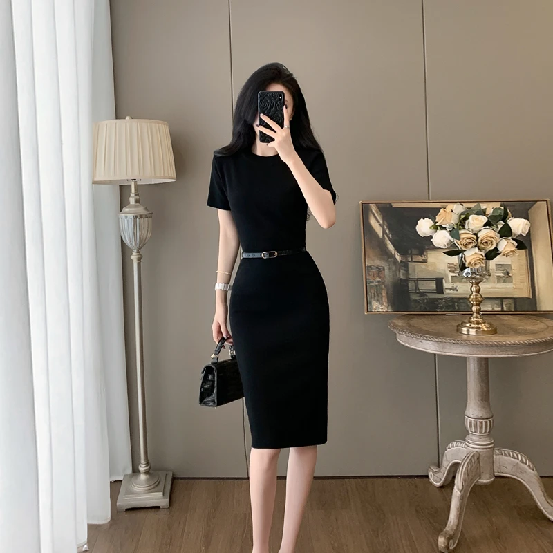 高腰夏季松紧腰职业包臀裙气质连衣裙女2025新款复古港风修身黑裙
