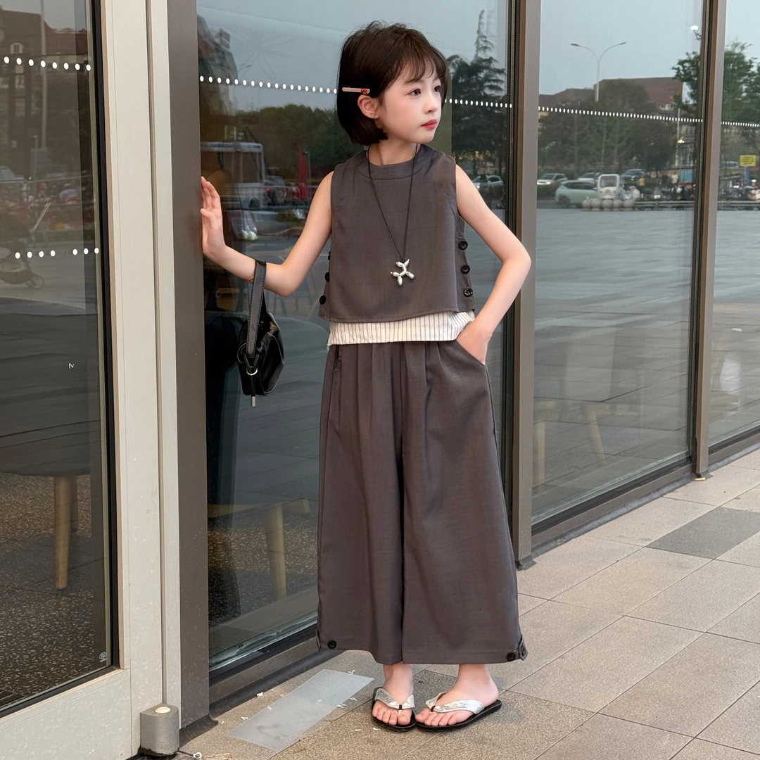 女童2025新款夏季撞色假两件套装韩系甜酷时尚百搭休闲女孩夏装潮