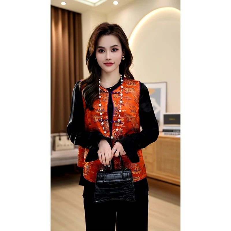 新中式复古轻奢重工刺绣提花唐装中国风时尚圆领宽松显瘦马夹女装