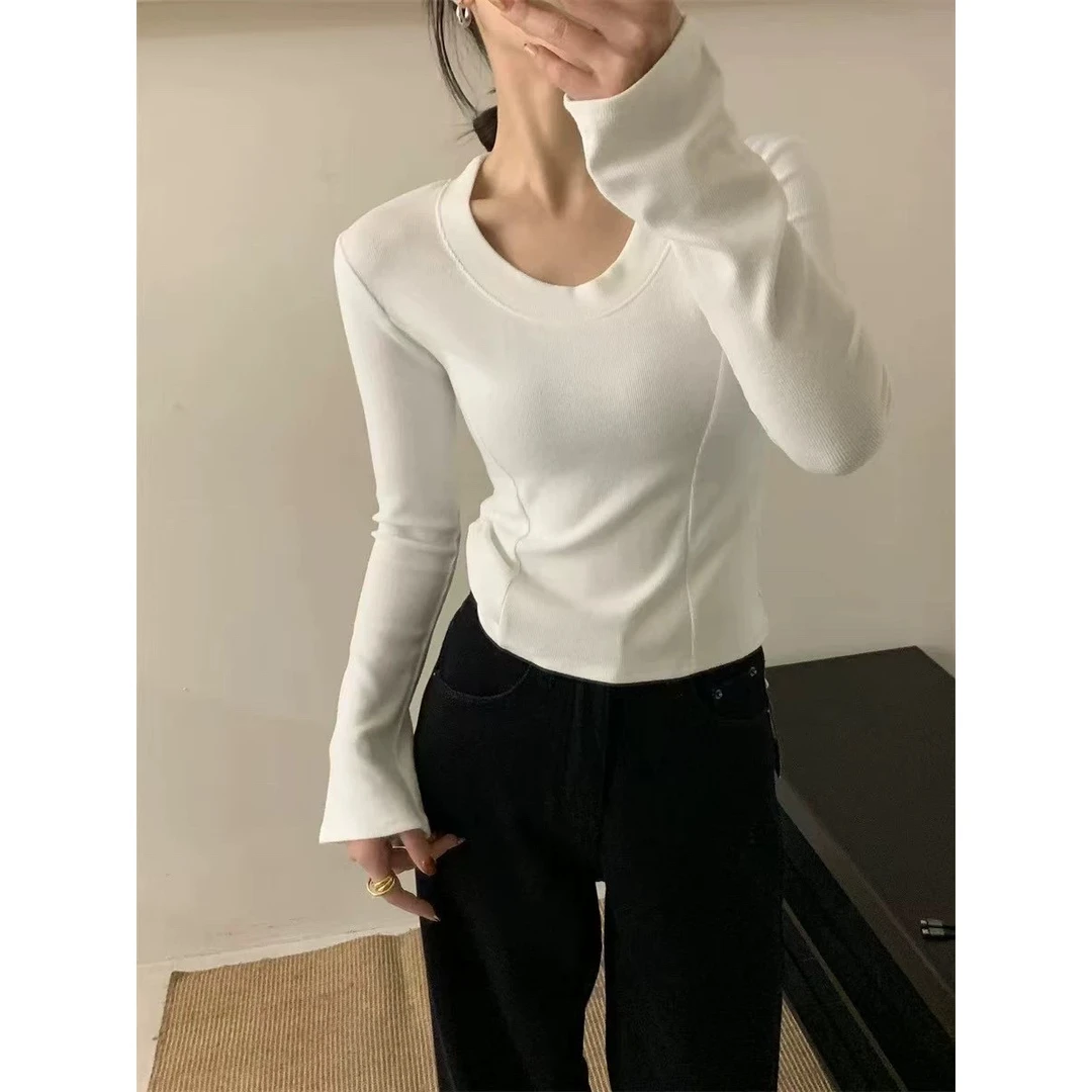 春季2025新款u领鱼骨修身长袖T恤女修身显瘦辣妹短款上衣
