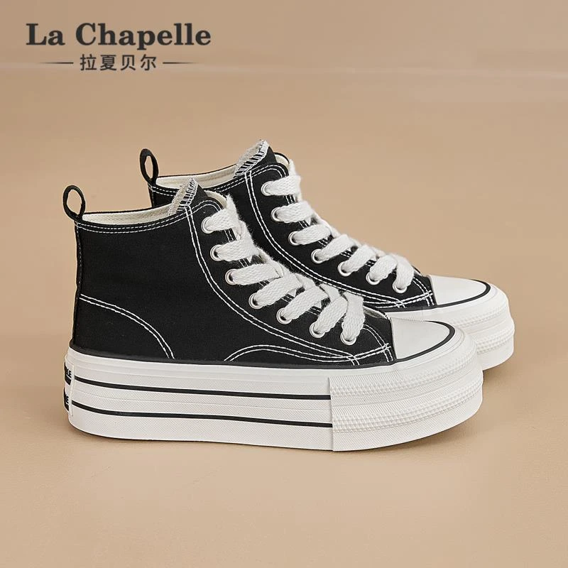 拉夏贝尔高帮帆布鞋女2025新款经典冬季百搭厚底透气增高休闲板鞋