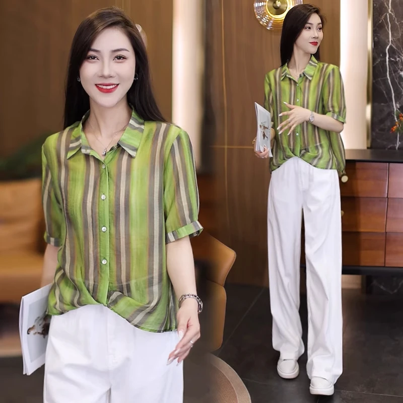 条纹衬衫女短袖夏装2025新款洋气宽松显瘦遮肚子不规则小衫薄上衣