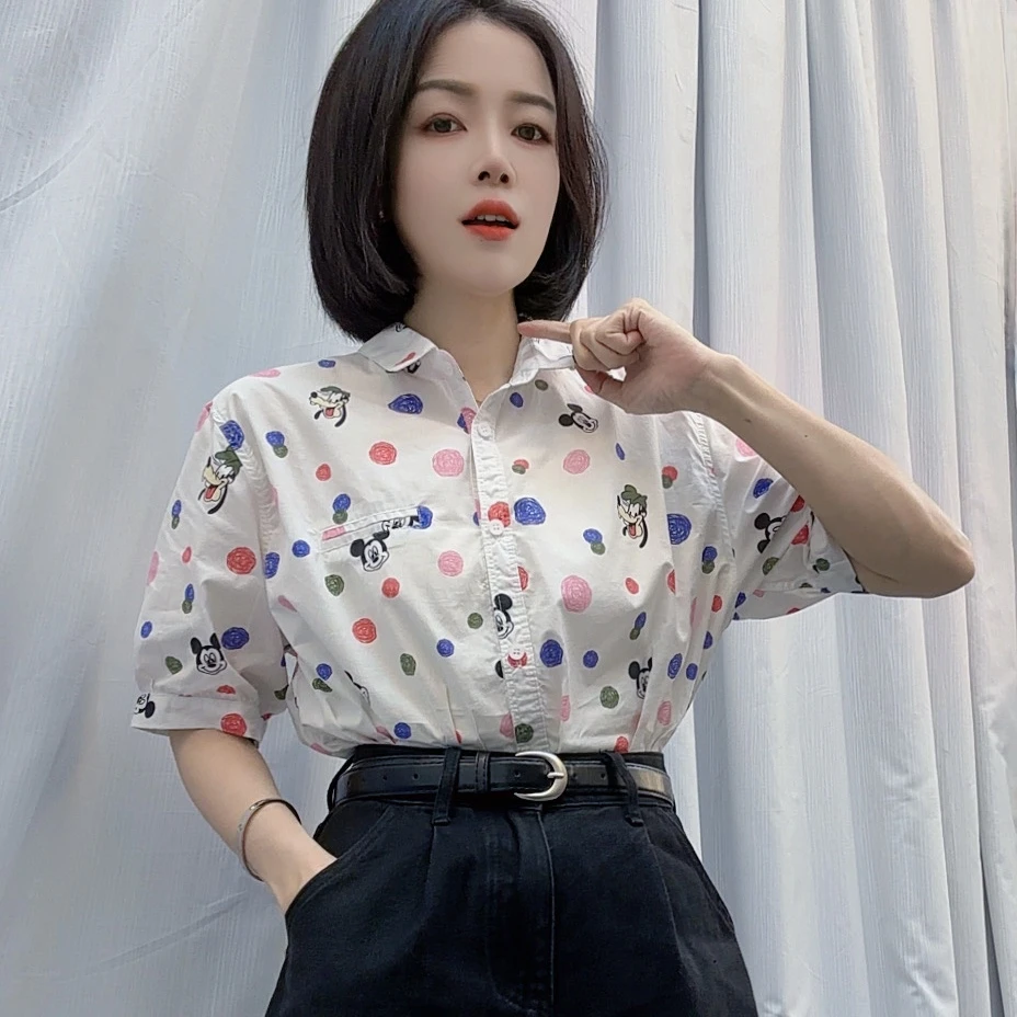 卡通米奇印花棉衬衫女2025夏新款休闲时尚减龄显瘦百搭短袖衬衣潮