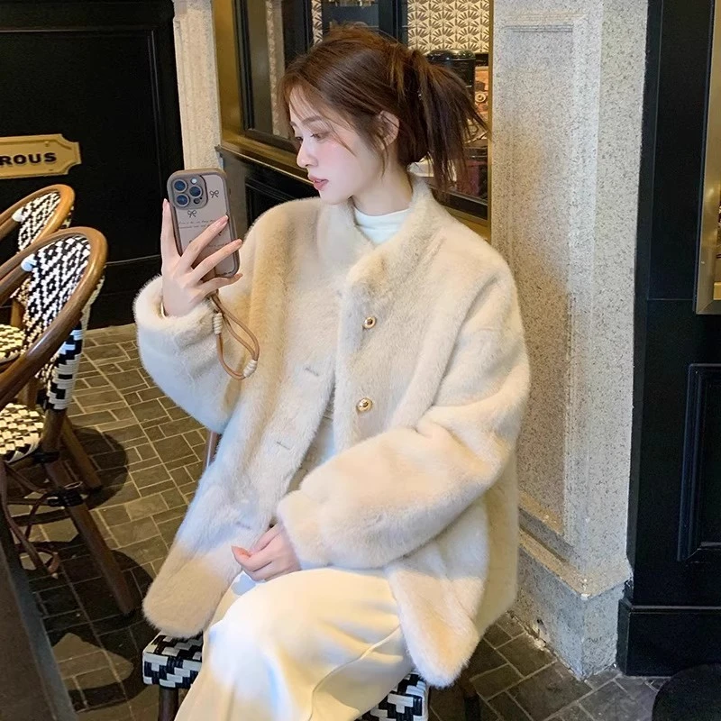 毛毛外套女新款加绒加厚水貂绒保暖外套冬季短款立领环保皮草大衣