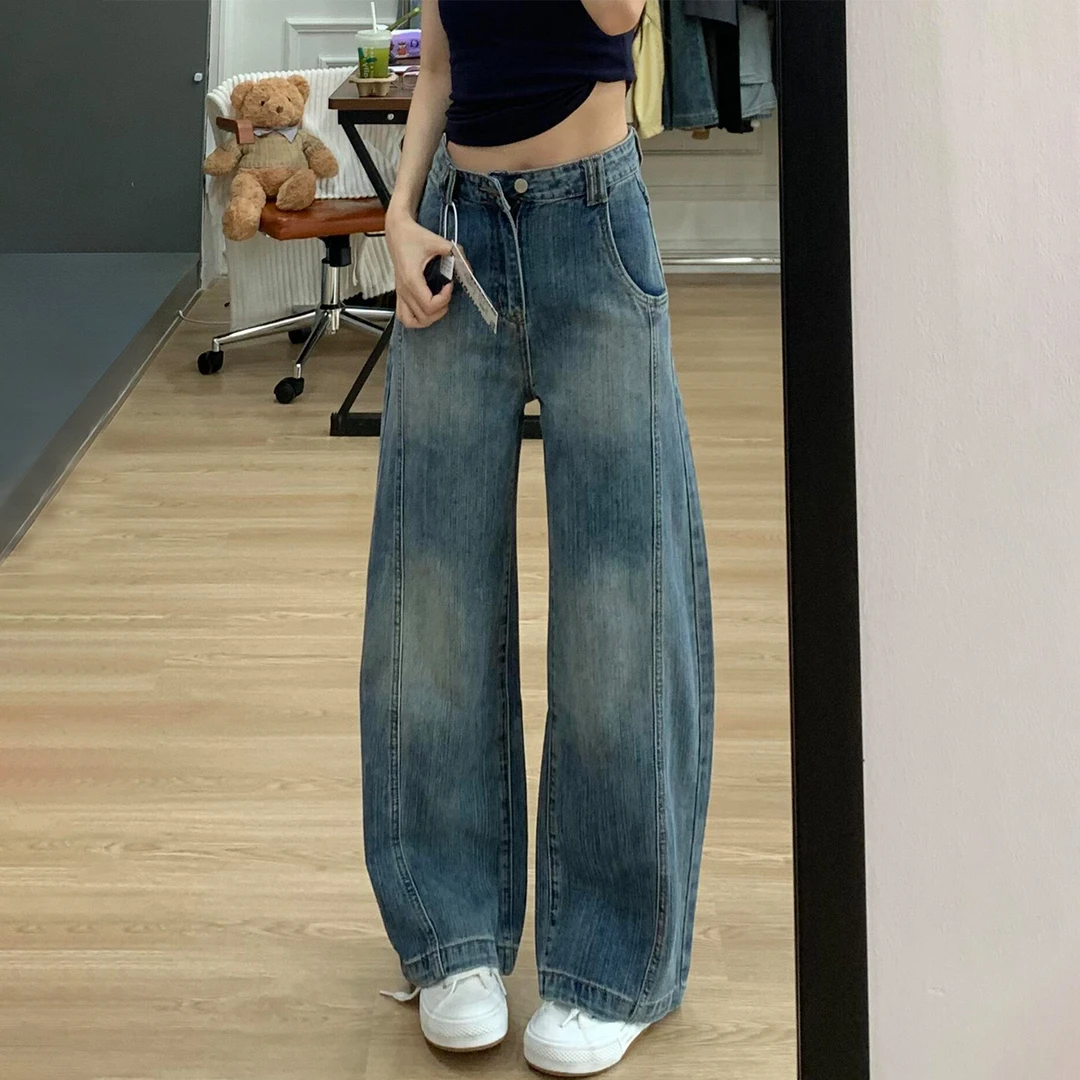 复古蓝阔腿牛仔裤女2025早秋大码胖mm梨形身材显瘦宽松直筒长裤子