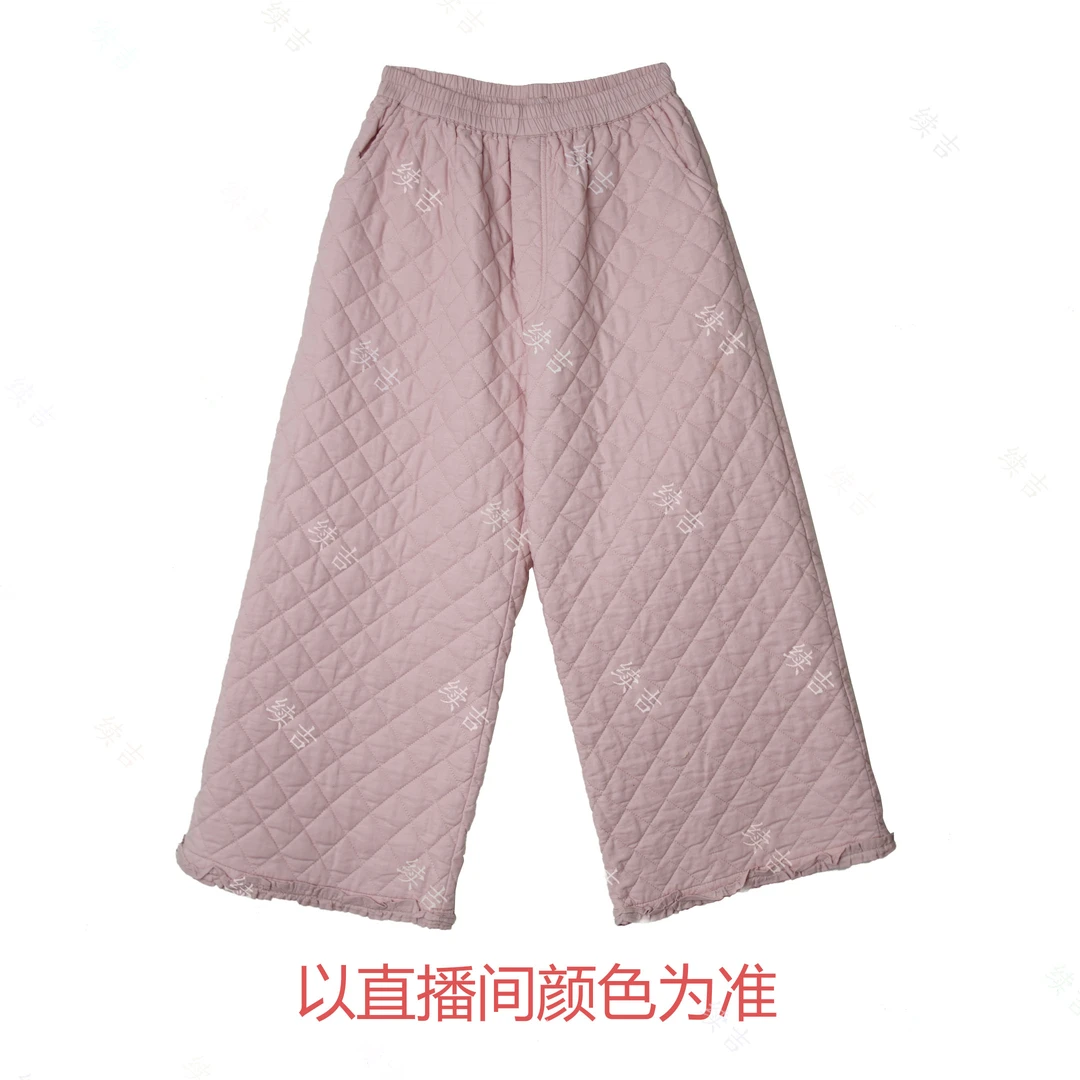 冬-续吉麻衣25-3077纯色菱格休闲设计感花边棉裤