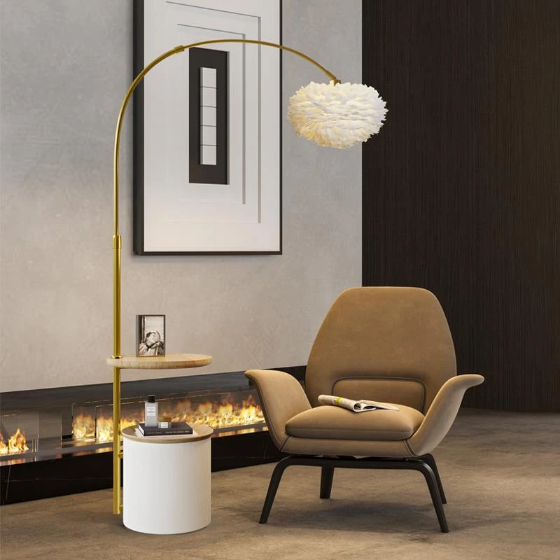 轻奢设计落地灯卧室轻奢客厅置物床头灯茶几一体沙发灯羽毛落地台