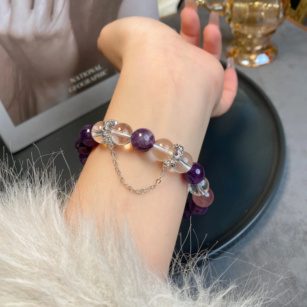 天然紫水晶白水晶心动信号时尚百搭手串手链女A0023
