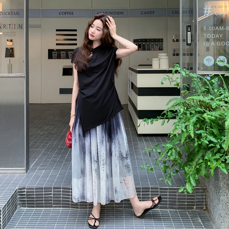 2025夏季新款时尚新中式国风设计改良旗袍T恤上衣+渐变半身裙套装