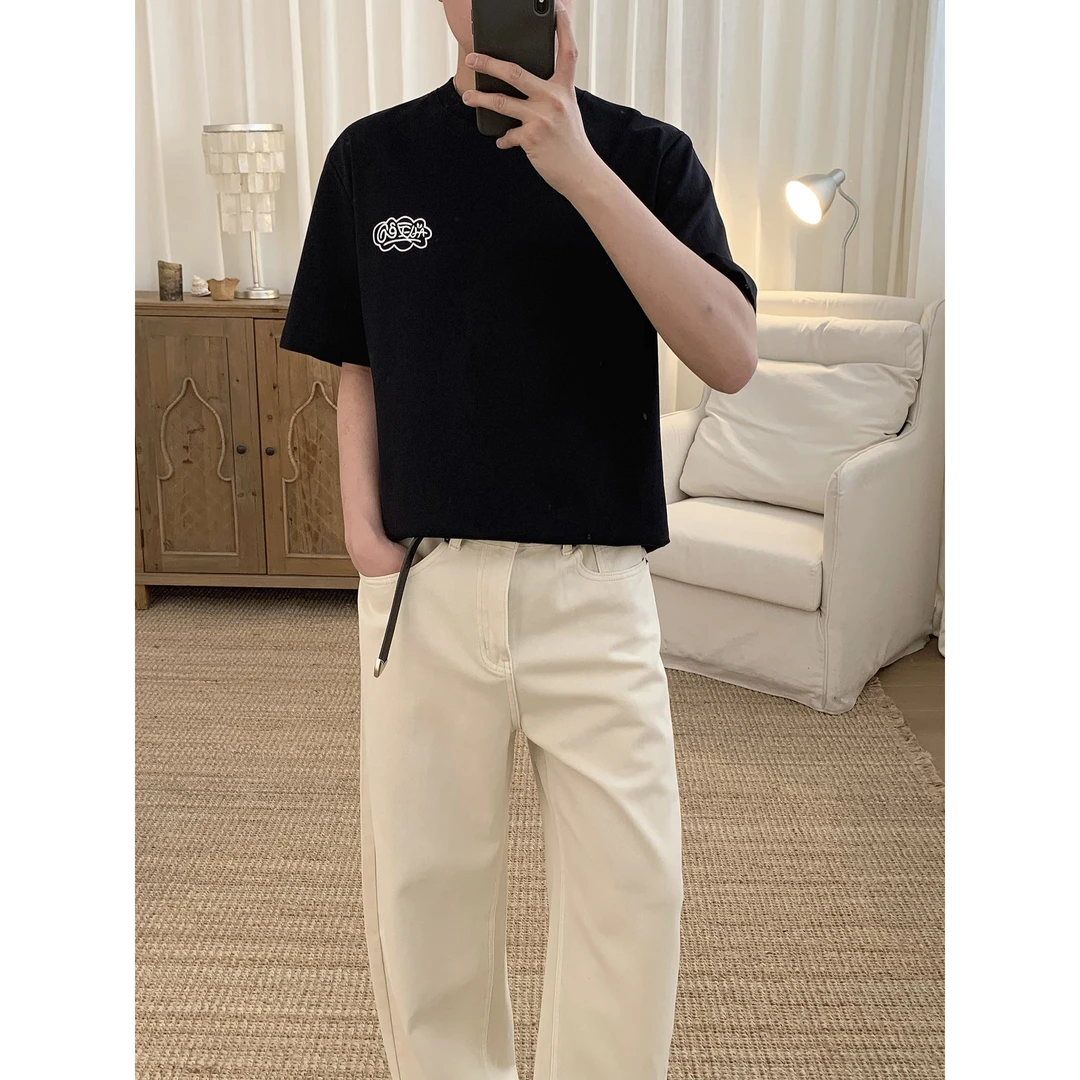 阿茶与阿古黑色刺绣短袖t恤男2025新款夏季潮流宽松上衣A2504202