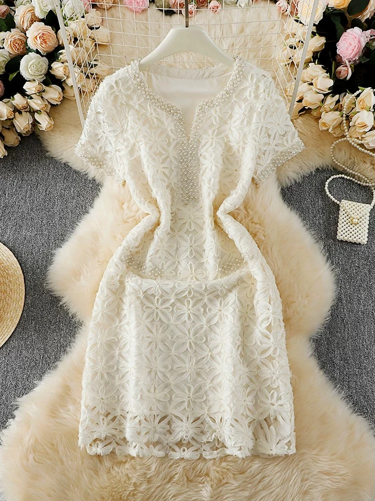 5576法式时尚轻奢蕾丝连衣裙女2025年夏季新款气质显瘦长裙子百搭