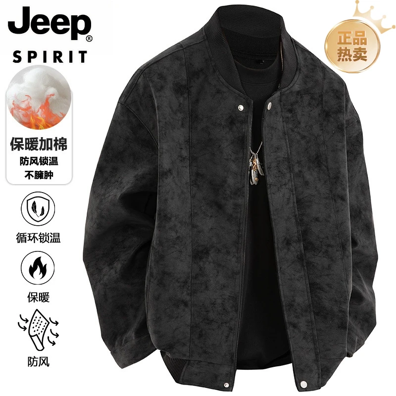 吉普Jeep男士外套冬季加棉加厚棒球领外套大码潮流休闲皮衣夹克男