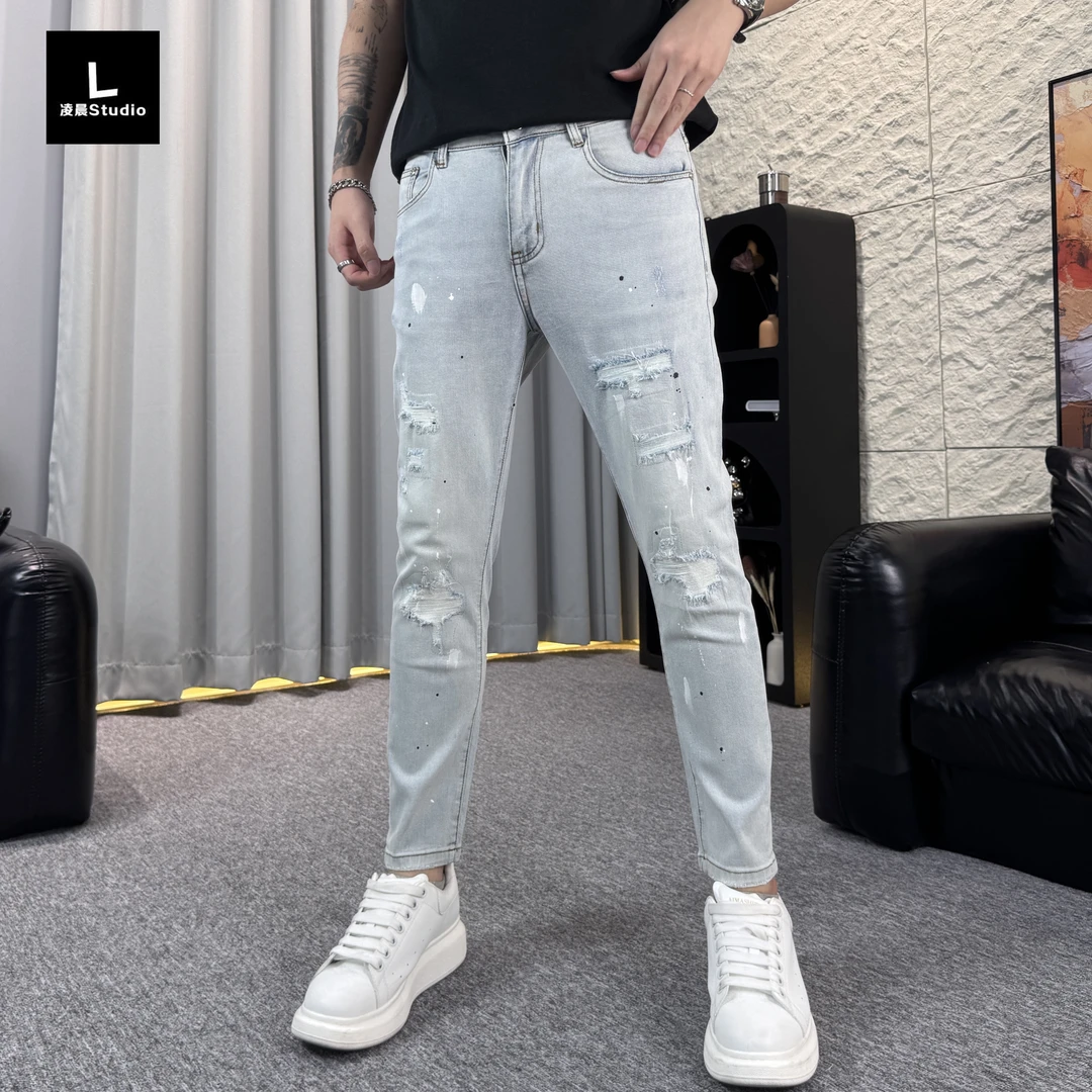 夏季薄款牛仔裤男修身百搭潮流破洞小脚裤时尚韩版九分牛仔裤男款
