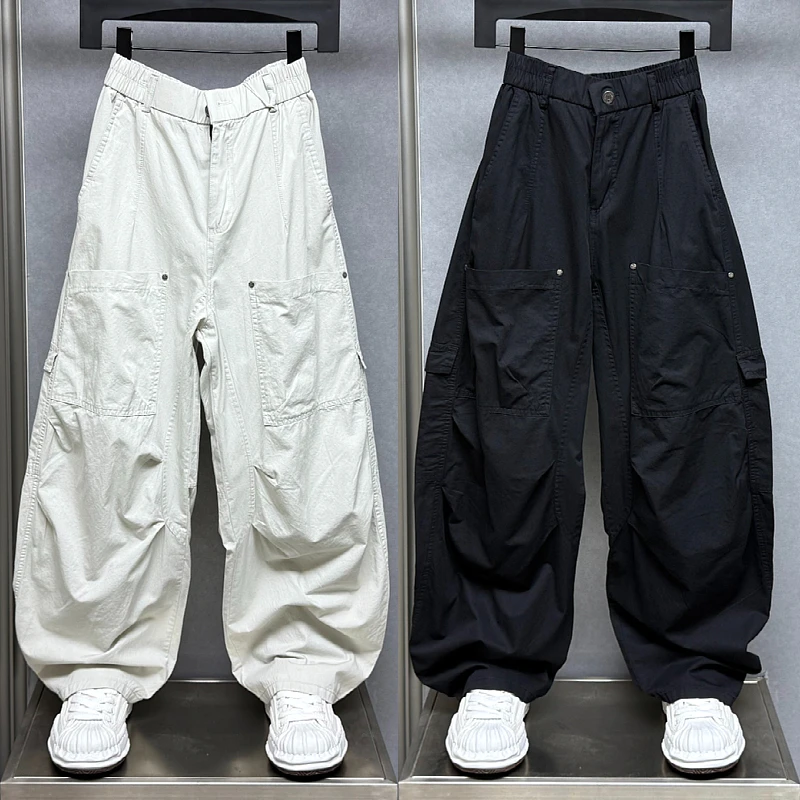 夏季薄款美式休闲大口袋压褶伞兵工装裤男宽松大码痞帅阔腿拖地裤