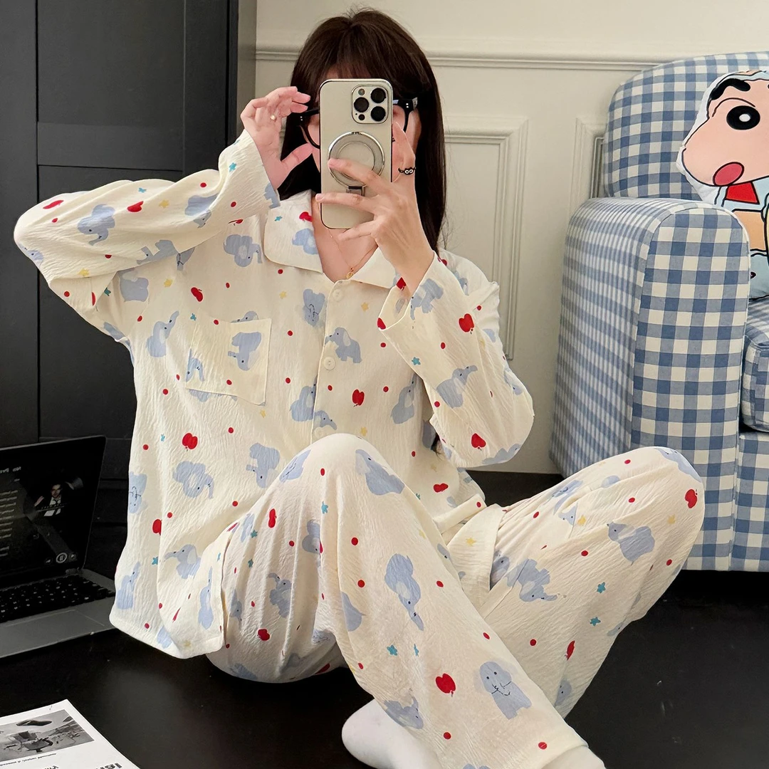 秋季女款双长开衫翻领睡衣休闲宽松卡通动漫印花云朵棉款