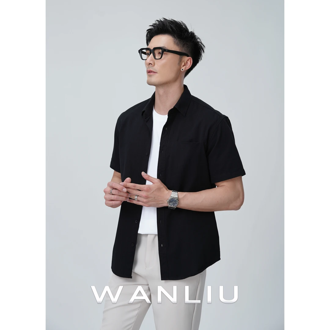 WANLIU简约设计款商务男士纯棉衬衫休闲百搭纯色慵懒风短袖衬衣男