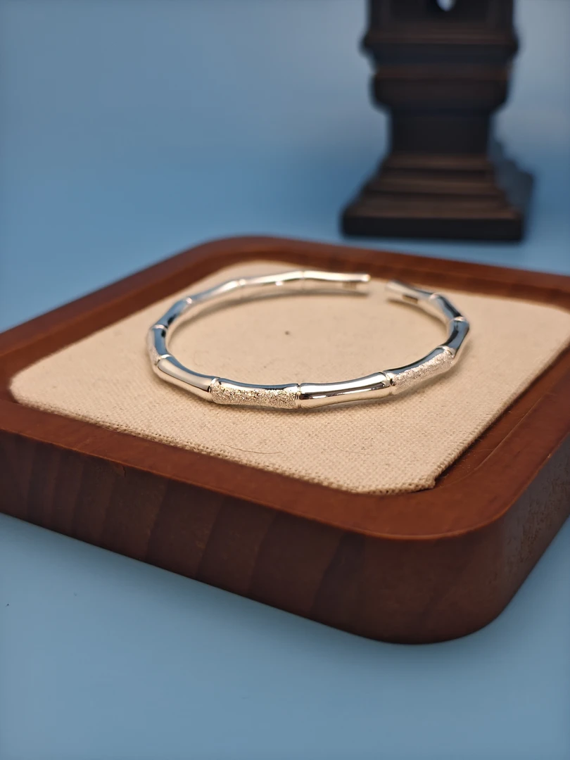 吉满福 足银手镯 竹节亮沙开口实心磨砂光面节节高升手镯复古经典