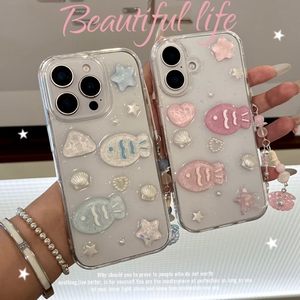 贝壳小鱼适用苹果16 15手机壳华为 小米 oppo vivo滴胶一加软壳女