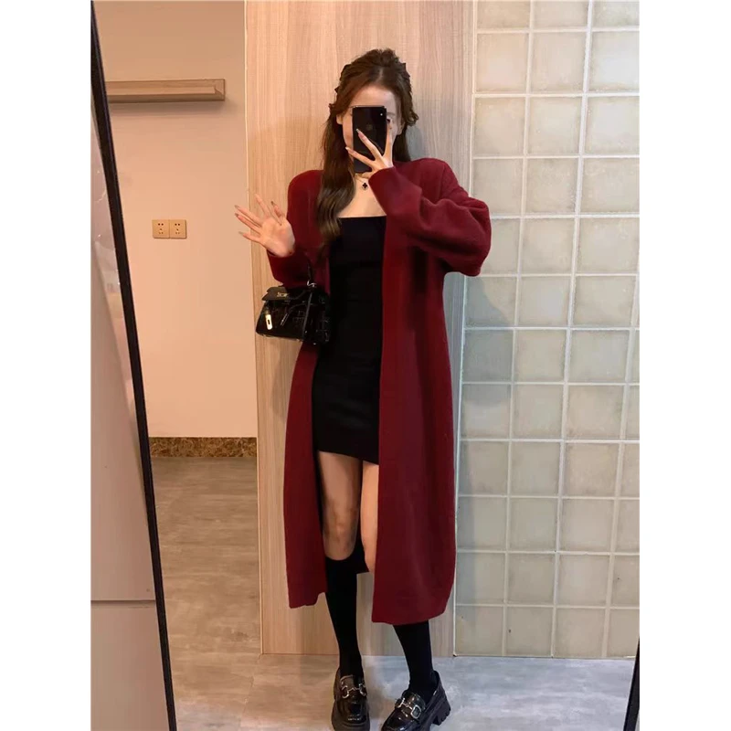 慵懒风中长款纯色毛衣开衫女过膝宽松软糯加厚秋冬外穿百搭外套