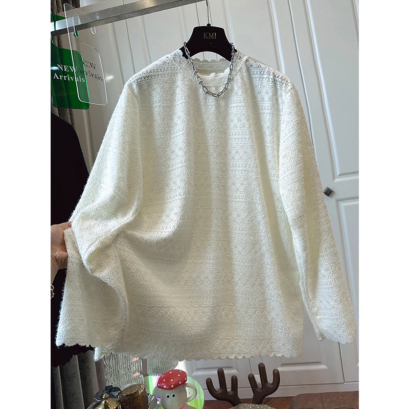 胖妹妹240斤大码法式别致镂空钩花蕾丝衫女秋冬季外穿打底衫上衣