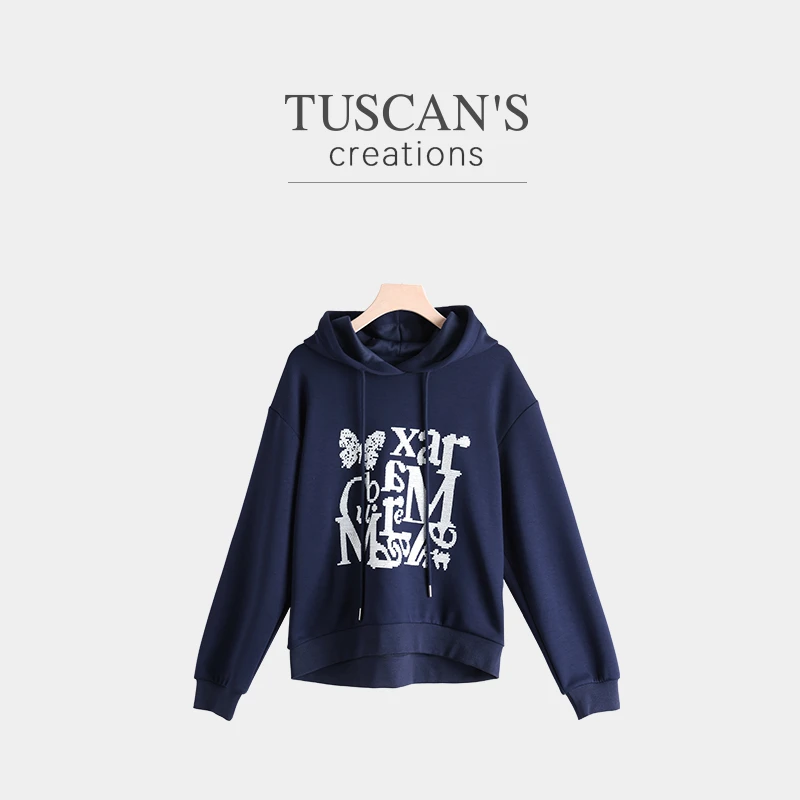 TUSCAN'S CREATIONS韩版刺绣秋季连帽字母休闲风长袖卫衣