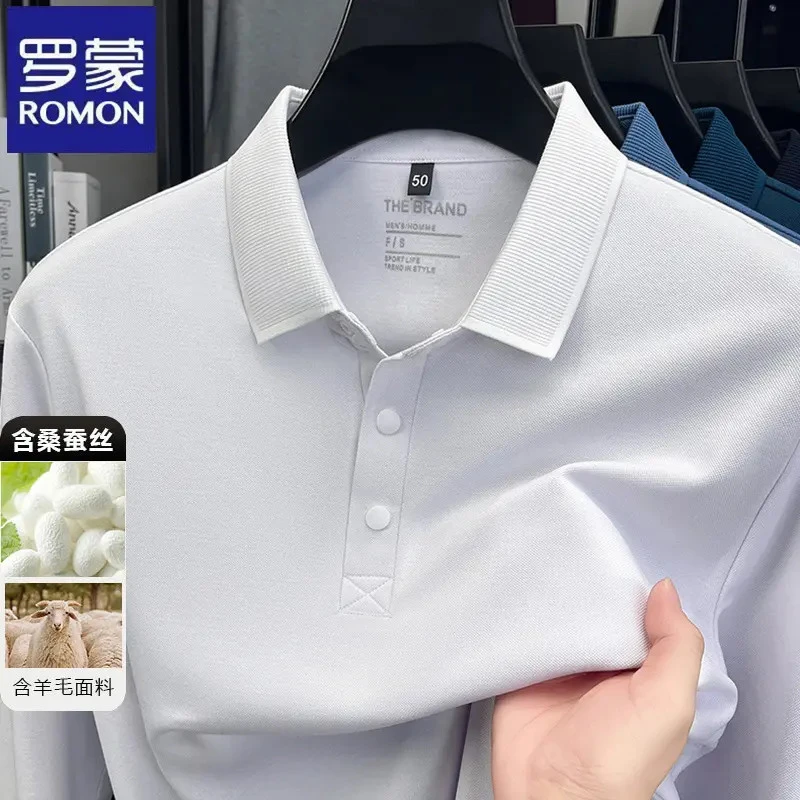 【含桑蚕丝】罗蒙纯色亲肤休闲长袖Polo衫春秋季翻领男士百搭t恤衫