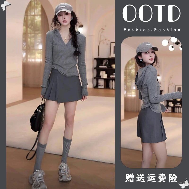 早春穿搭一整套女装洋气休闲装连帽T恤+百褶裙裤两件套新款爆款
