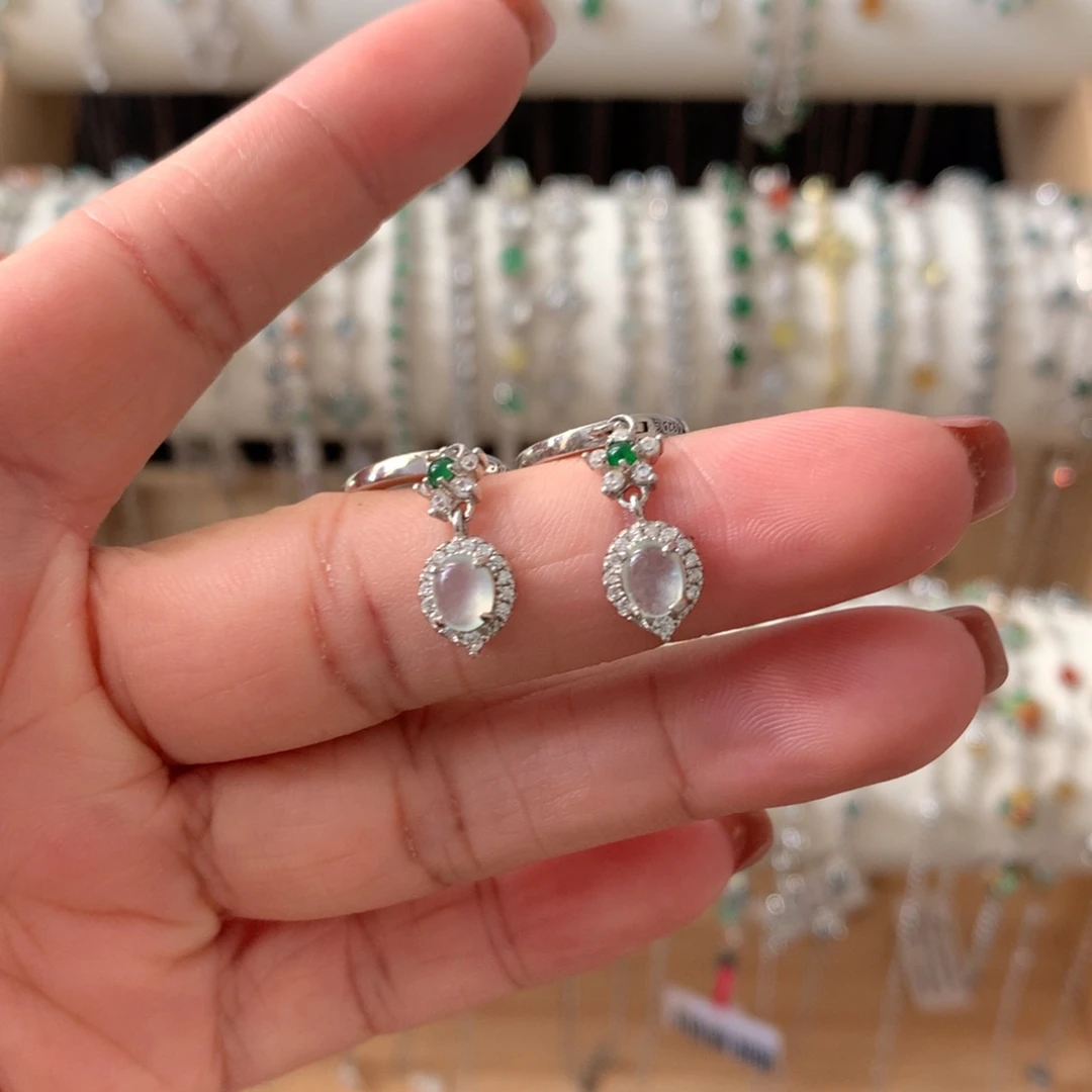 翡翠银S925镶嵌耳饰耳扣