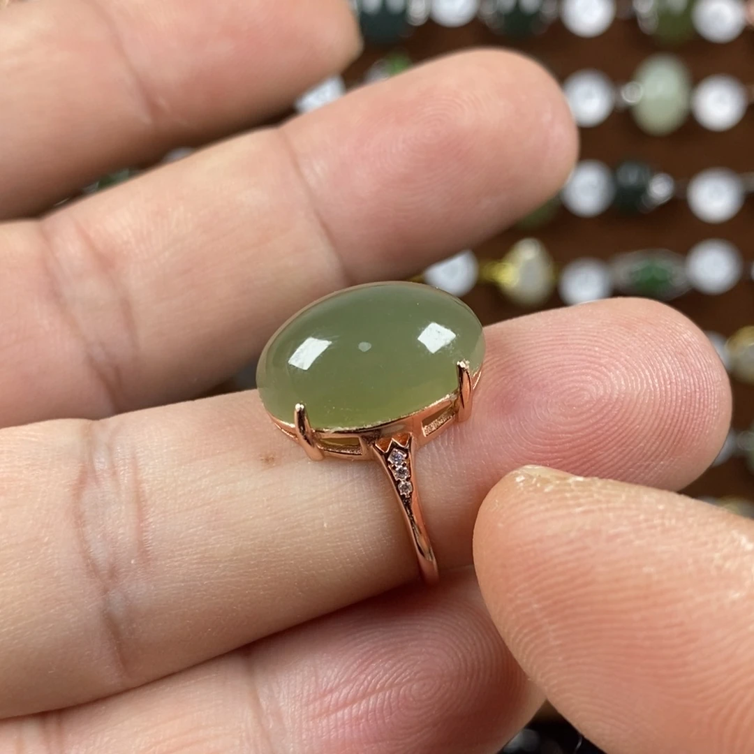 和田玉（青玉）戒指银S925镀金镶嵌