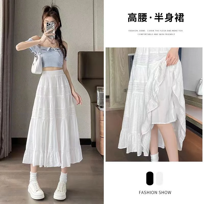 小个子高腰花边蛋糕裙女2025春夏季半身裙显瘦高腰褶皱长款半身裙