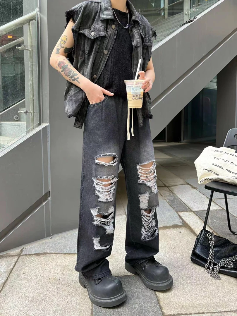 01阔腿裤水洗长裤破洞直筒裤牛仔裤休闲宽松裤子美式cleanfit风