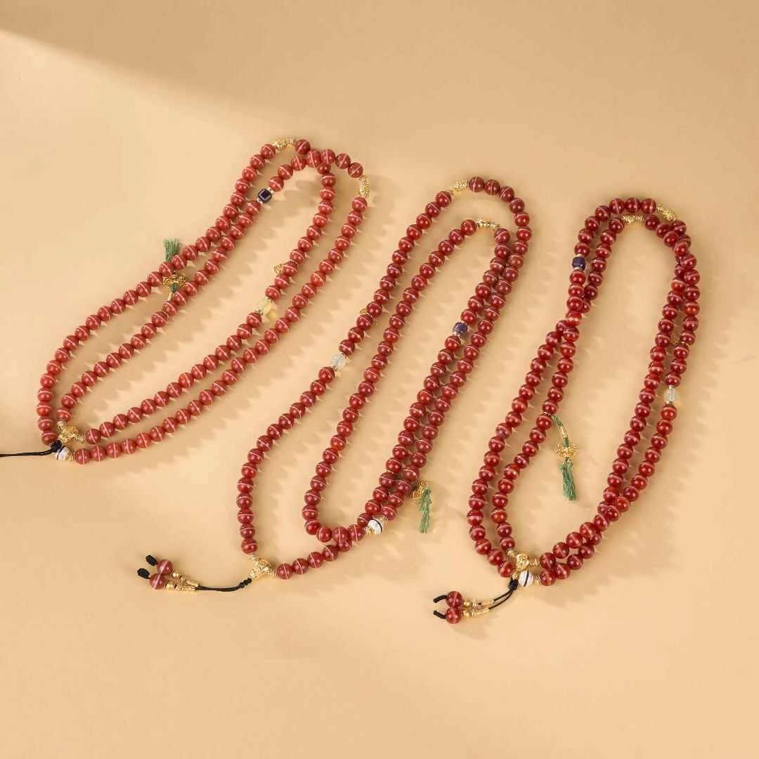 【云丹拉姆】天然红肉一线药师108颗天珠项链多样性发一约8mm