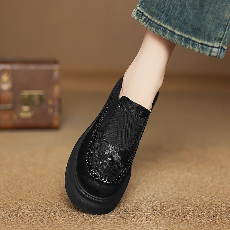 小个子增高10cm厚底松糕乐福鞋女拼接复古小皮鞋高跟深口粗跟单鞋