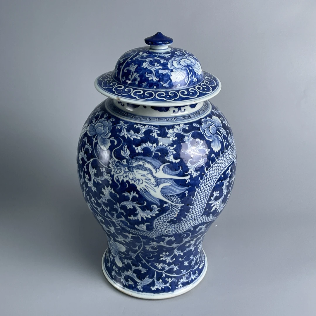 清道光  青花缠枝牡丹龙凤将军罐-M25DP00C339