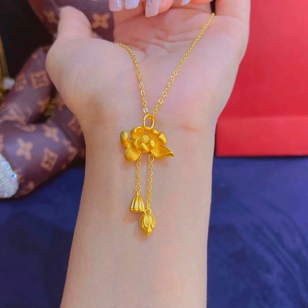 铜合金吊坠 荷花两世欢莲花项链女款女友气质礼物流苏甜美长款