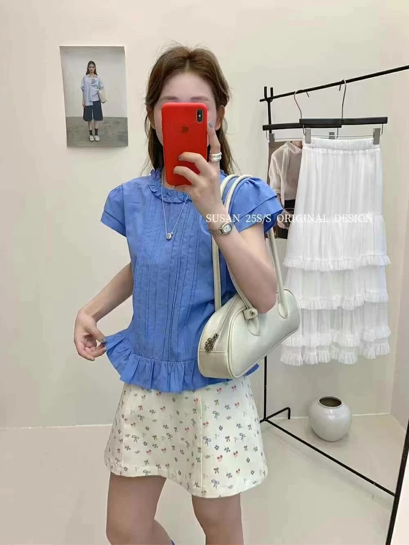 susan@gl23 法式圆领木耳边设计感短袖衬衫 7-9