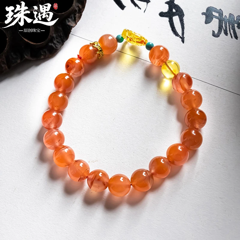 天然南红搭配琥珀小鱼时尚百搭新中式国风女款手串 9508