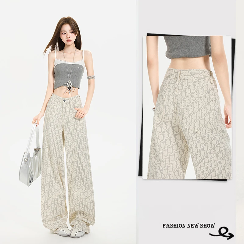 莱赛尔印花天丝阔腿牛仔裤女2025夏季薄款小众宽松高腰垂感拖地裤