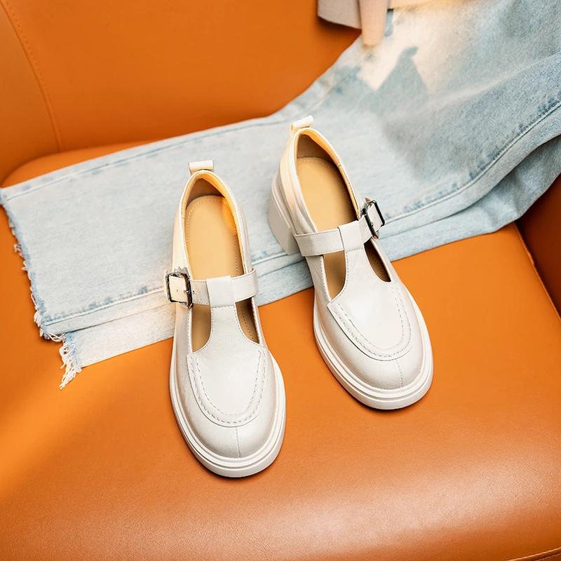 【牛皮仙】跟高4cm/鞋码34-40/春季新款真皮单鞋女粗跟小白鞋小皮鞋