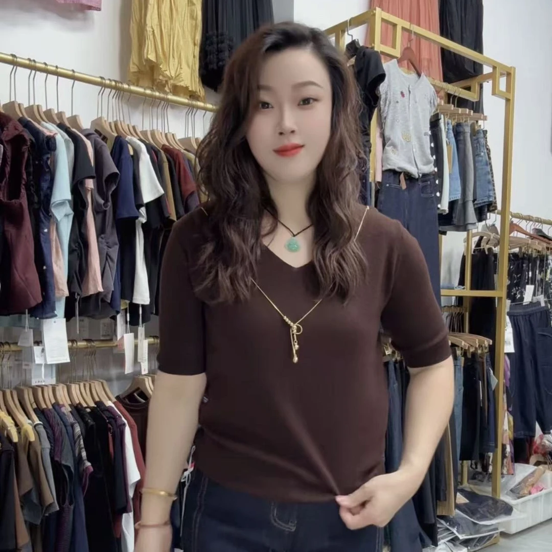 女V领百搭纯色休闲秋季混色五分袖毛针织衫