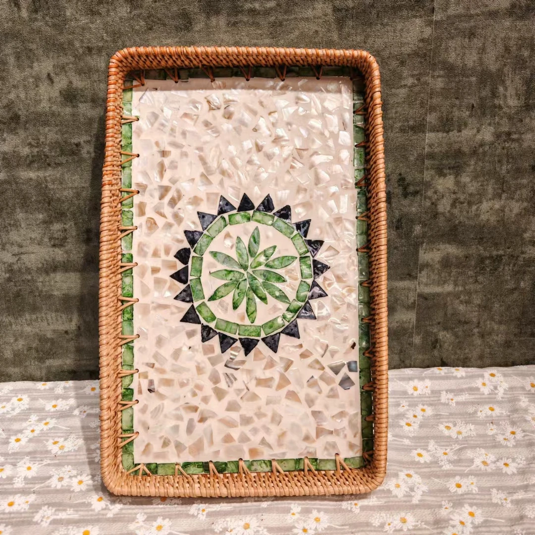 H越南真藤手工编织36*23*5长方形贝壳盘波西米亚风水果零食盘子