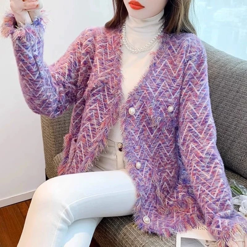 2174-法式高级感小香风外套女百搭V领网红针织开衫上衣-紫色星空