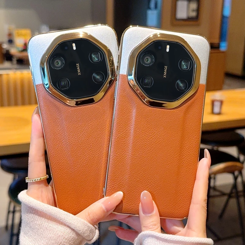 大漠银月电镀皮纹适用华为mate80RS手机壳防摔商务素皮保护套男女