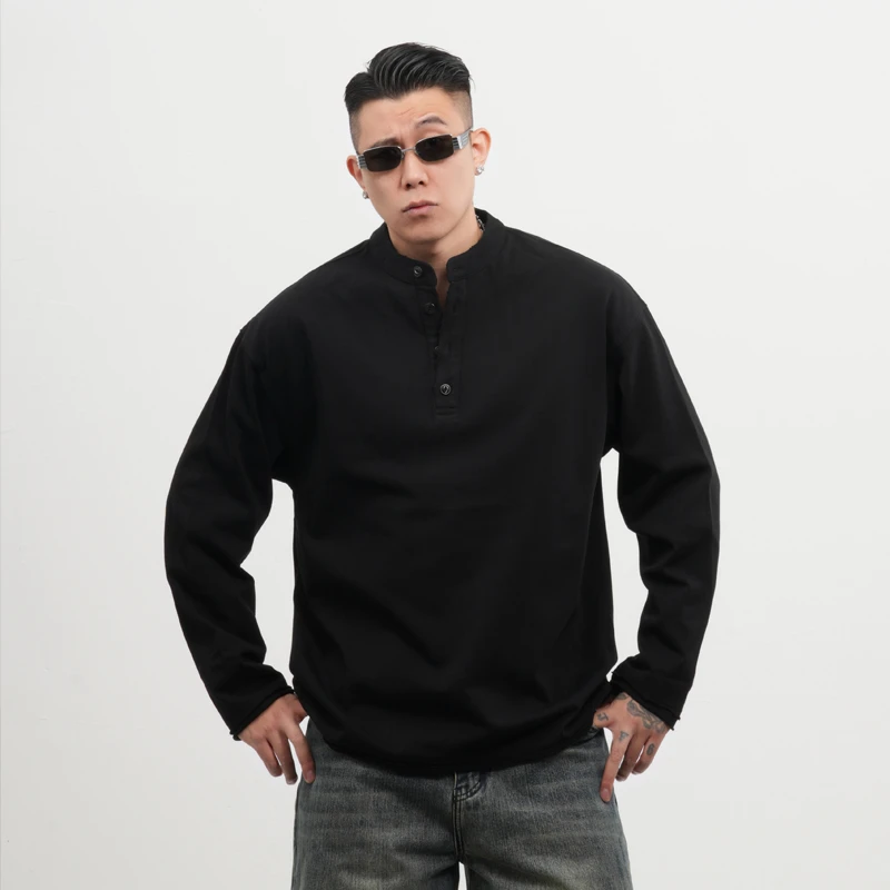 郑郑郑NEIQ店新款经典百搭简约亨利领长袖T恤纯色男士打底衫T恤