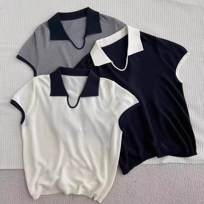 冰丝小飞袖撞色拼接polo领针织t恤女夏2025新款宽松显瘦短袖上衣