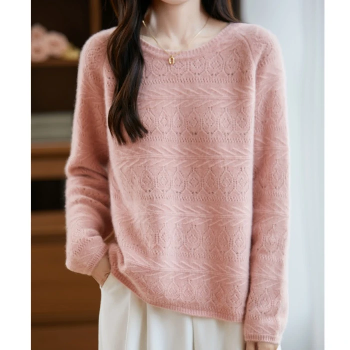 羊毛打底镂空时尚时尚长袖毛衣镂空女衫插肩镂空圆领衫针织R092