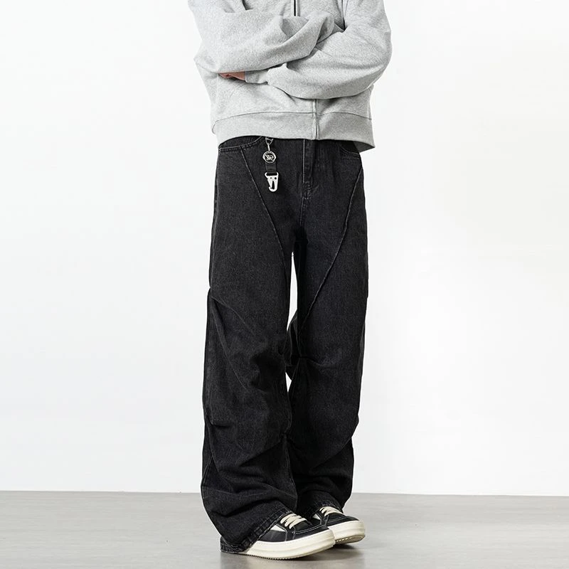 美式高街vibe水洗褶皱黑色牛仔裤男复古显瘦直筒微喇裤子2025年潮