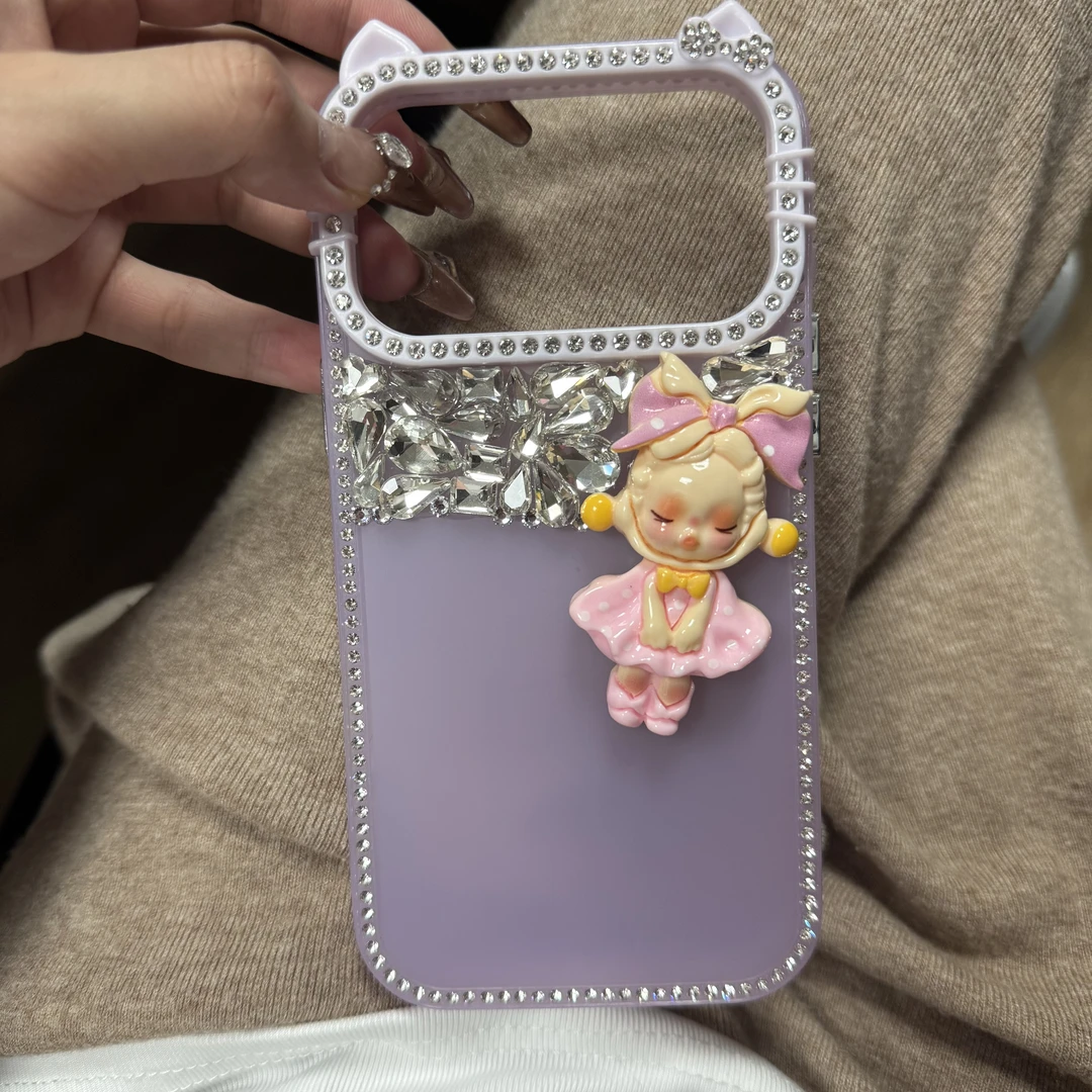 【现】原创立体猫耳双面带钻女孩磨砂保护壳适用于iPhone17promax