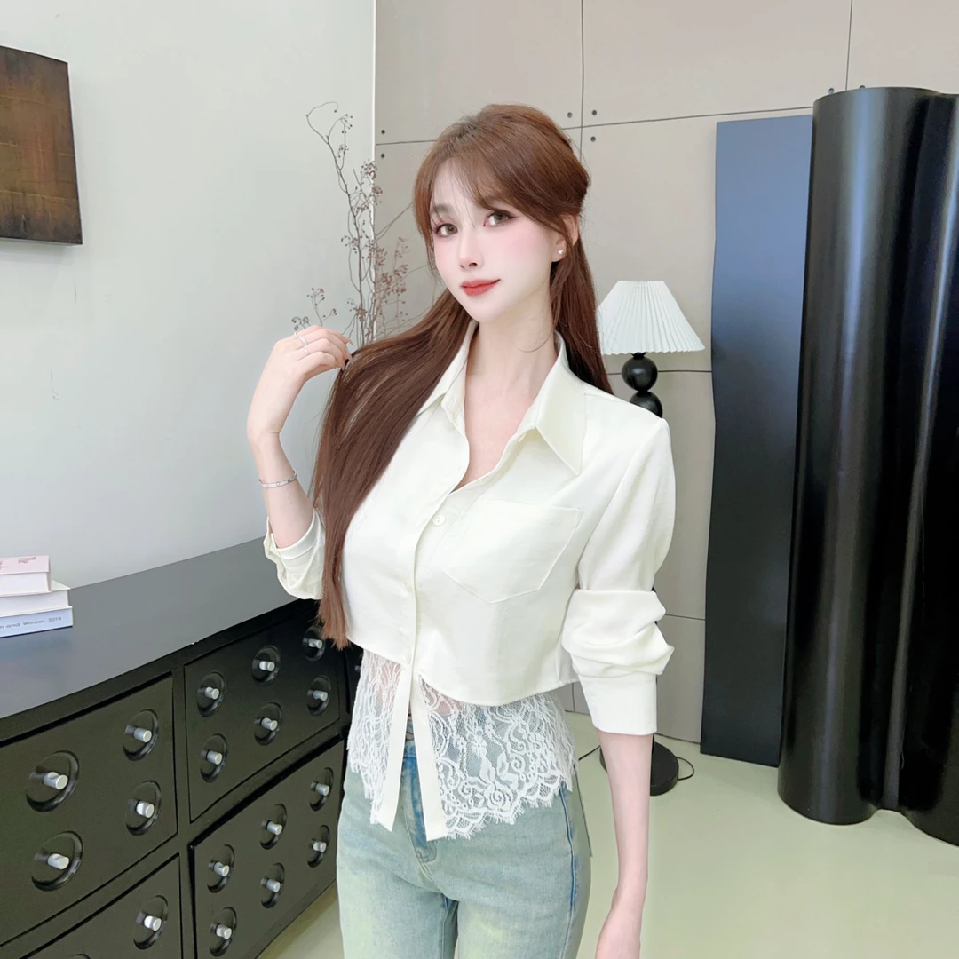 【北恋月晚】韩系通勤蕾丝拼接白色衬衫小众高级感