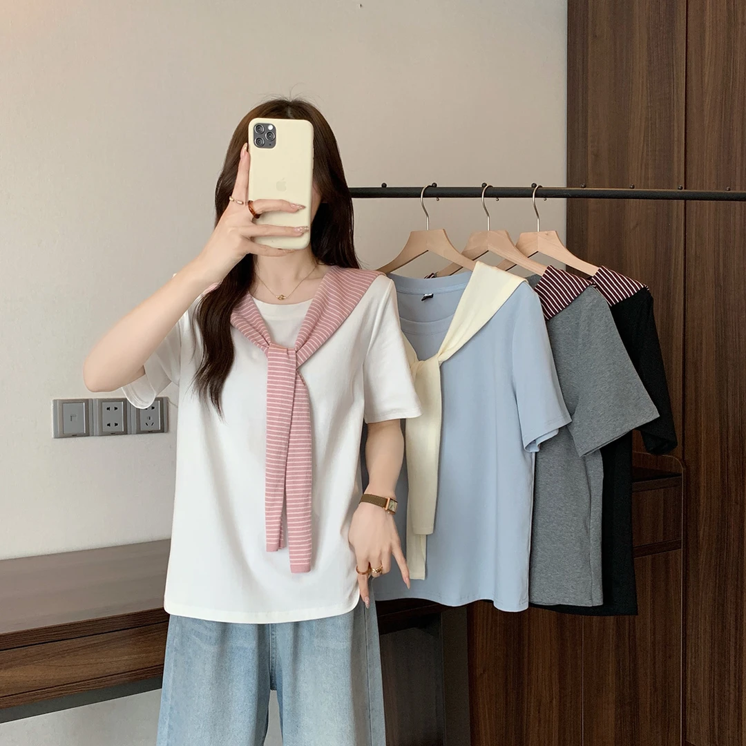 【万万专属】2025夏季大码女正肩短袖t恤慵懒风披肩上衣D0168+63989